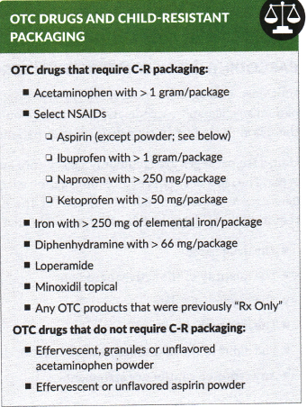 <p><strong>An analgesic for a child <br><br>An analgesic for an adult <br><br>Estrogen tablets for a female over the age of 65</strong> —&gt; oral contraceptives in mnemonic packages (like birth control packets), hormone replacement therapy products, and conjugated estrogens are exempt from child-resistant packaging requirements. <br><br>However, estrogen tablets not in mnemonic packages and is dispensed as a oral prescription do require child-resistant packaging as they pose a risk if ingested by children.<br>The PPPA required the use of child-resistant (C-R) containers for many OTC products, most oral prescription drugs and dangerous household chemicals.</p>