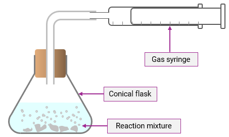 <p>As the reaction takes place, the gas is collected directly in the syringe; the syringe plunger moves outwards as gas is produced</p>