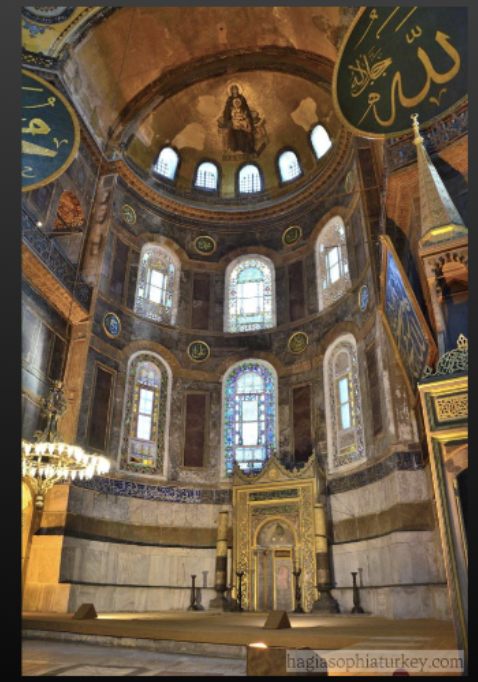 <p>Hagia Sophia</p><p>500 CE</p><ul><li><p><span>Representative of Christian architecture taking a more monumental form as it is much larger than synagogues</span></p></li><li><p><span>Represents a move away from an intimate congregational focus in Judaism to the opposite, as the dome moves away from worshipers and instead toward the heavens</span></p></li><li><p>Originally a Christian cathedral built by Emperor Justinian, later converted into a mosque and now a museum</p></li></ul><p></p>