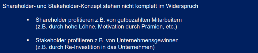 <p><strong>1. Shareholder-Konzept („Aktionäre zuerst“)</strong></p><ul><li><p class="ds-markdown-paragraph"><strong>Ziel</strong>: Maximierung des <strong>Gewinns für Eigentümer</strong> (Aktionäre/Investoren).</p></li><li><p class="ds-markdown-paragraph"><strong>Methode</strong>:</p><ul><li><p class="ds-markdown-paragraph">Fokus auf <strong>Aktienkurs und Dividenden</strong>.</p></li><li><p class="ds-markdown-paragraph">Andere Gruppen (Mitarbeiter, Lieferanten) erhalten nur <strong>vertraglich festgelegte Leistungen</strong> (z. B. Gehälter, Rechnungen</p></li></ul></li></ul><p class="ds-markdown-paragraph"><strong>2. Stakeholder-Konzept („Alle Interessen zählen“)</strong></p><ul><li><p class="ds-markdown-paragraph"><strong>Ziel</strong>: Ausgleich der Interessen <strong>aller Beteiligten</strong> (Mitarbeiter, Kunden, Umwelt, Gesellschaft).</p></li><li><p class="ds-markdown-paragraph"><strong>Methode</strong>:</p><ul><li><p class="ds-markdown-paragraph">Langfristige Strategien (z. B. faire Löhne, nachhaltige Produktion).</p></li><li><p class="ds-markdown-paragraph"><strong>Transparenz und Dialog</strong> mit Stakeholdern.</p></li></ul></li></ul><p></p>