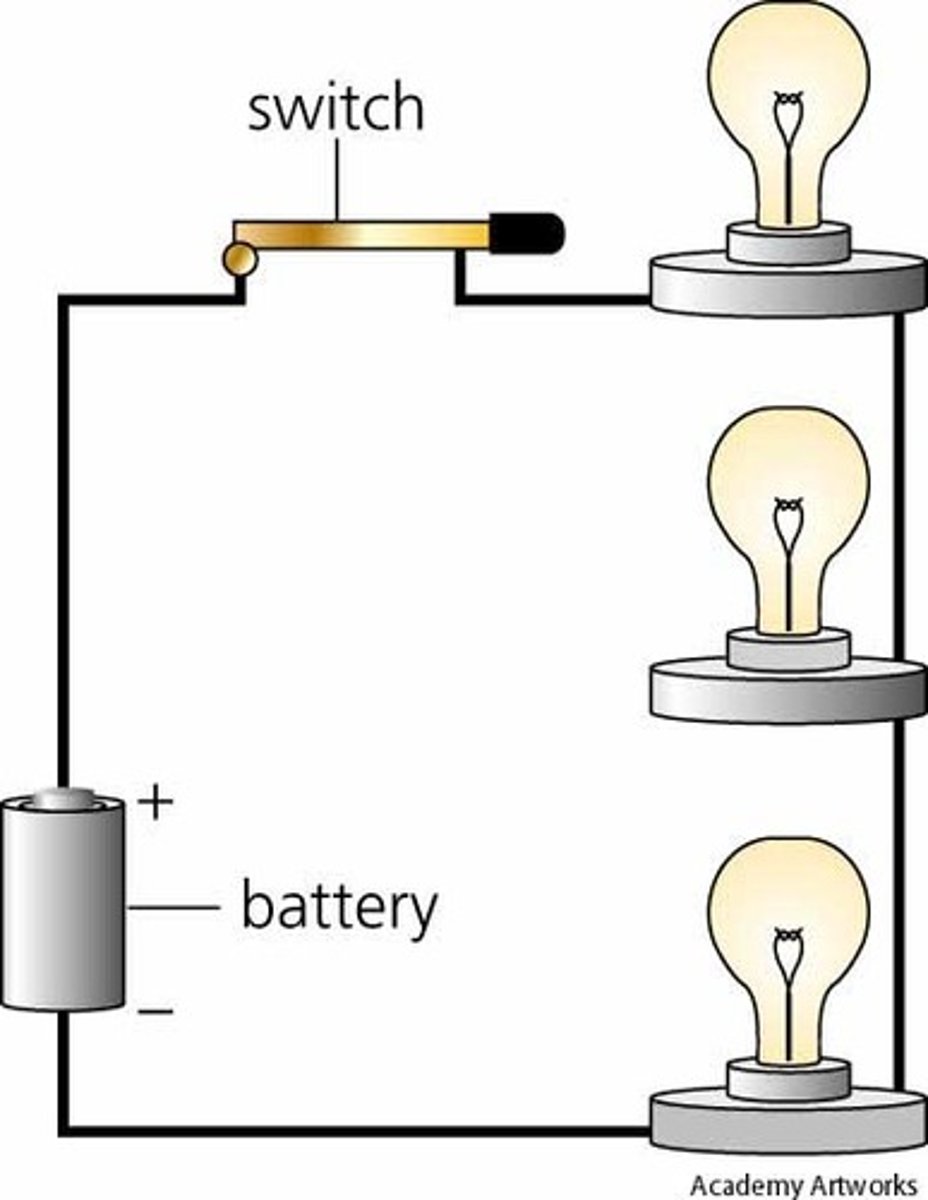 <p>an arrangement of components in an electric circuit in which the same current flows through each component in turn without branching</p>
