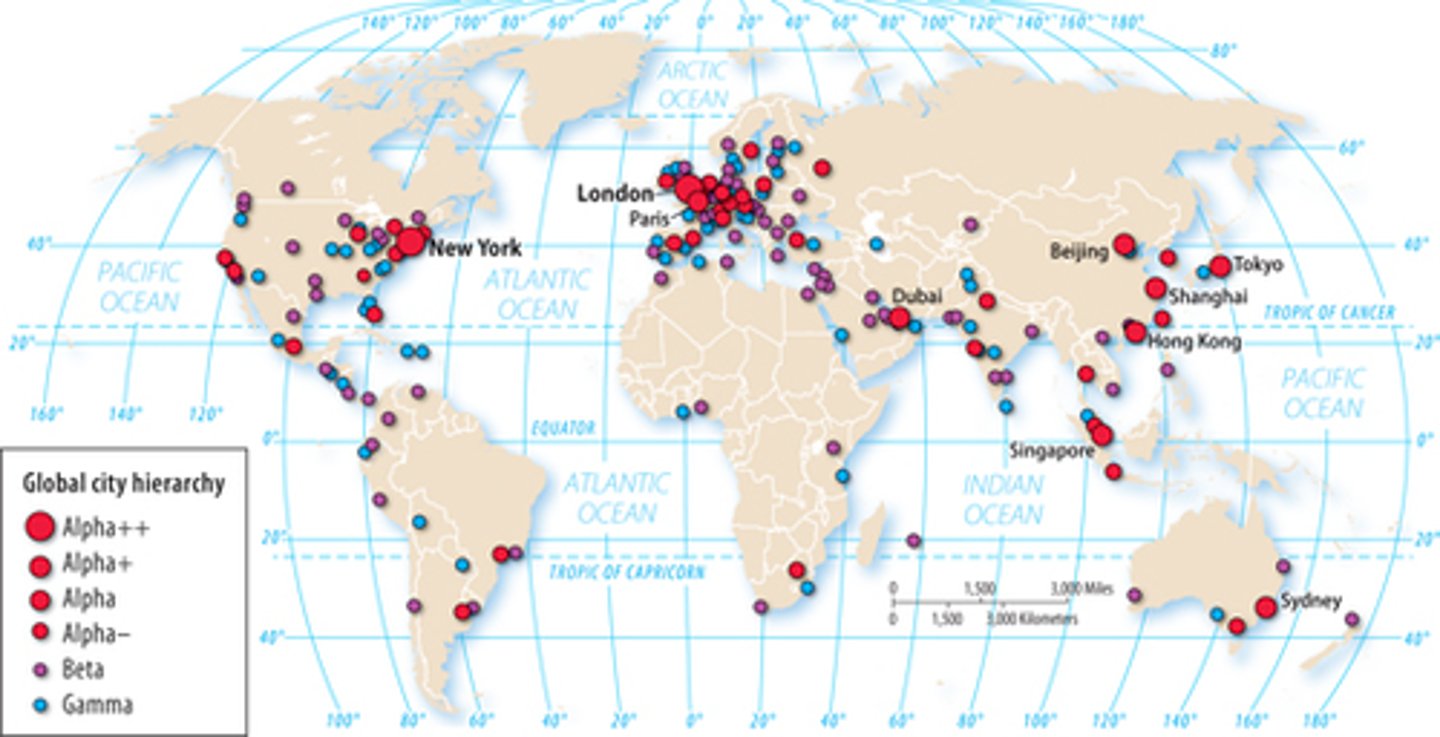 <p>Cities that are control centers for the global economy, in which major decisions are made about the world's commercial networks and financial markets.</p><p>-Centers of culture, home to the headquarters of multinational corporations and supranational political organizations, globally diverse in their populations.</p><p>-Examples: NYC, London, Tokyo, Paris, Dubai, Singapore</p>