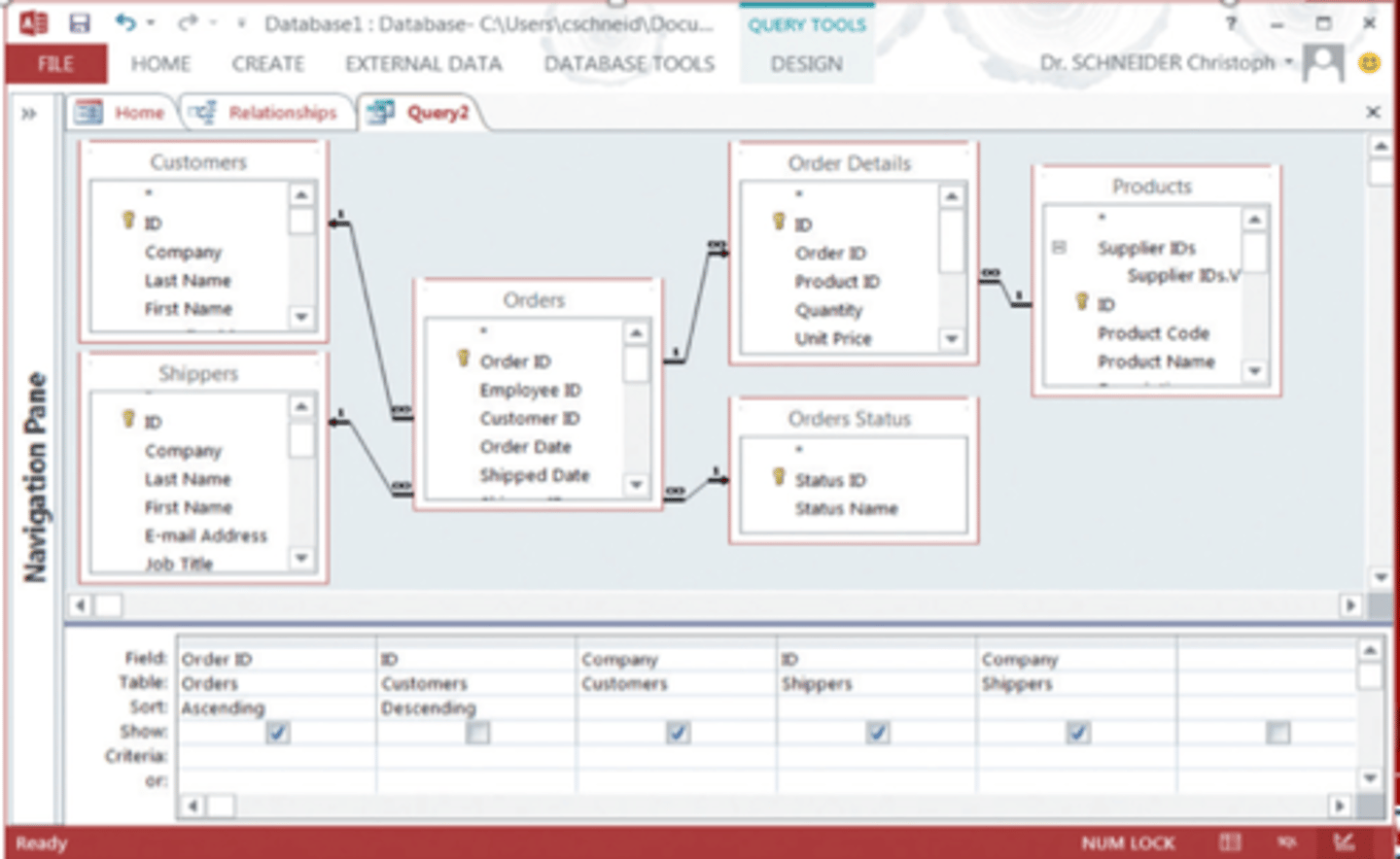 <p>Using a grid to form queries where fields can be added, sorted, compared, etc.</p>