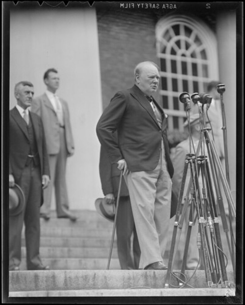 <p>British statesman who led throughout most of World War II and, along with Roosevelt, planned many Allied campaigns. He predicted an Iron Curtain that would separate Communist Europe from the rest of the West.</p>