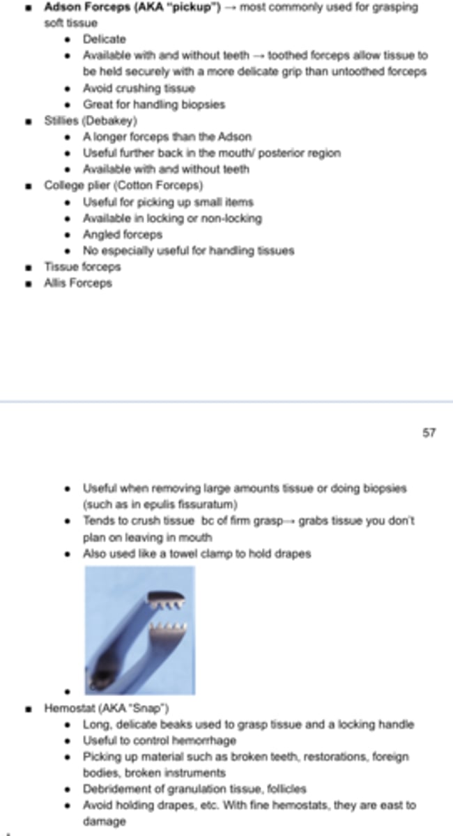 <p>OS Tissue Forceps:</p><p>Adson Forcep</p><p>Stillies Forcep</p><p>College Plier</p><p>Tissue Forcep</p><p>Allis Forcep</p><p>Hemostat</p><p>-KNOW</p>
