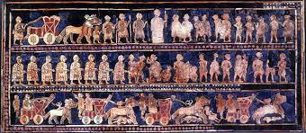 from tomb 779, Royal Cemetery, Ur (modern Tell Muqayyar), Iraq
ca. 2600- 2400 BCE. 
Wood, lapis lazuli, shell, and red limestone