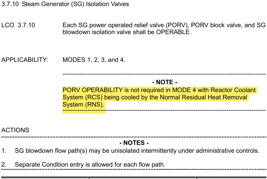 <p>PORVs, Blocks, Blowdown valves</p><p></p><p>MODES 1, 2, 3, and 4</p><p></p><p>*All SR requirements are applicable to closure time and isolation</p>