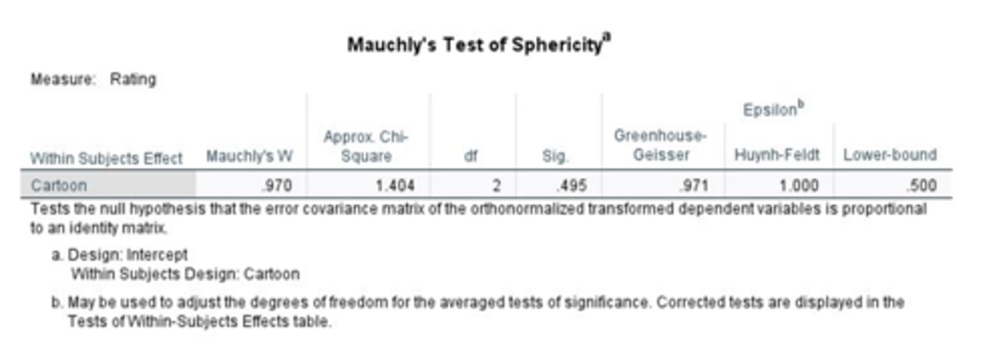 <p>Must use Mauchly's test to assess whether variances of differences are equal</p><p>You want a p-value greater than .05 as that would mean there is no significant difference in the variability of those differences in condition levels across your repeated measures variables</p><p>If assumption is violated (i.e., p&lt;.05) we (i.e., SPSS) make corrections to degrees of freedom</p>