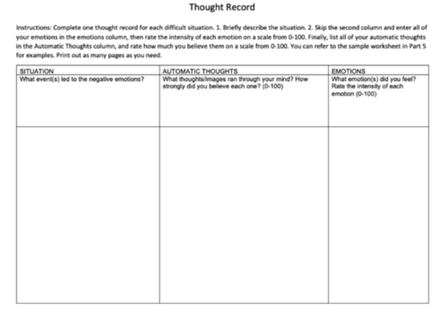 <p>Instruct the client to identify the situation, notice emotions, and then identifying thoughts</p><p>The columns are structured under the assumptions that thoughts influence emotions</p>