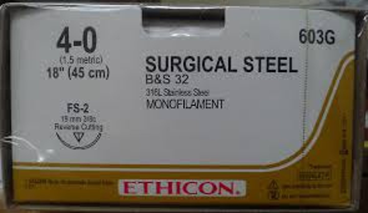 <p>type: chromium and nickel alloys</p><p>package color: YELLOW-OCHRE</p><p>Suture color: STEEL</p><p>usage: abdominal wound closure; hernia</p><p>- monofilament non absorbable</p><p>NON ABSORBABLE</p><p>tensile strength: indefinite</p><p>tissue reaction: minimal</p>
