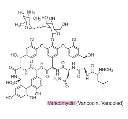 <ul><li><p>cell-wall targeting agent</p><ul><li><p>will NOT penetrate outer membrane of gram-negative bacteria</p></li></ul></li><li><p><strong>not a B-lactam</strong></p></li><li><p>binds alanine-alanine terminus of peptidoglycan pentapeptide</p></li><li><p><strong>cyclic glycopeptide</strong></p></li><li><p>fermented from <em>Amycolatopsis orientalis</em></p></li></ul>