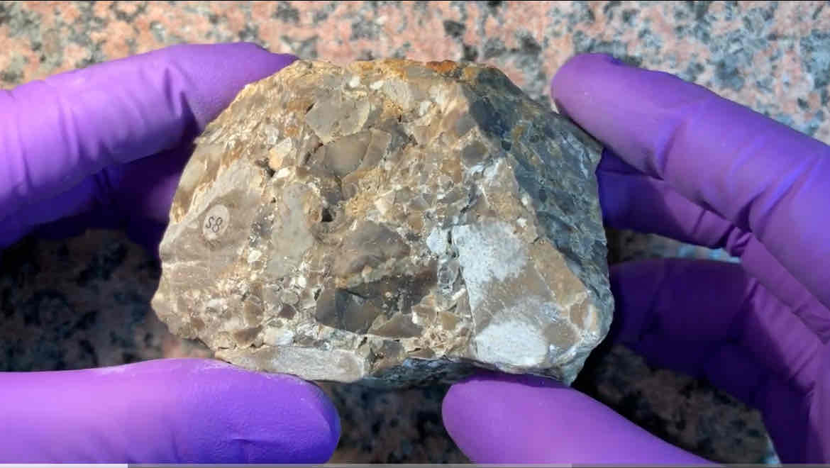 <p>rock add heat and pressure? </p><p>hint: clasts are big and angular </p><p></p>