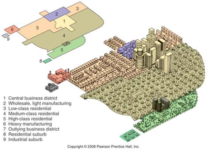 <p>A model of the internal structure of cities in which social groups are arranged around a collection of nodes of activities.</p>