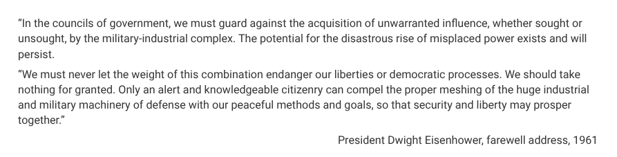 <p>What ideas does this excerpt most support?</p><p>After this speech, what concerns of the “military-industrial complex” remained</p>