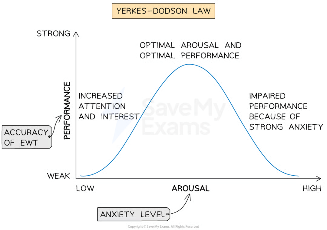 <ul><li><p>When a crime is witnessed, a person becomes <strong>emotionally </strong>(anxiety) and <span><strong><span>physiologically</span></strong></span> (adrenaline release) <strong>aroused</strong></p></li><li><p><strong>Low levels of arousal </strong>(anxiety) are associated with <strong>low levels of performance </strong>(recall and accuracy of EWT)</p></li><li><p>As arousal increases performance increases up to an <strong>optimum</strong></p></li><li><p>After this point, as arousal continues, <strong>performance </strong>begins to <strong>decrease</strong></p></li></ul><p></p>