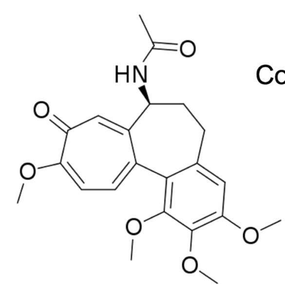 <p>- alkaloid<br>- inhibits mitosis<br>- disrupts microtubules<br>- treat Gout<br>- derivatives used to cancer<br>- narrow therapeutic index<br>- can damage bone marrow</p>