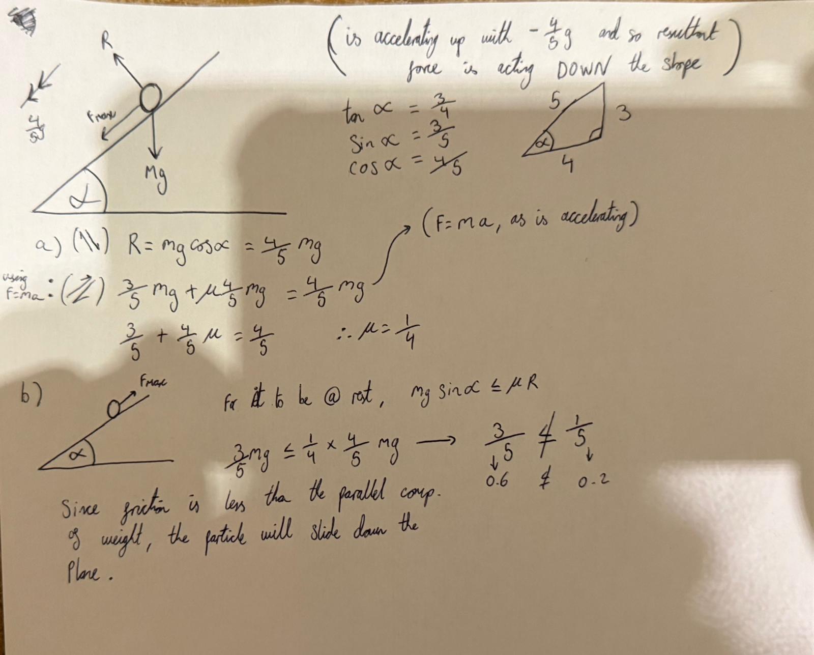 <p>a) mew = 0.25</p><p>b) = particle will slide down the plane</p>