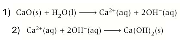 <p>1) oxide and water react to <strong>release hydroxide ions</strong> and <strong>form an alkaline solution of metal hydroxide</strong></p><p>CaO<sub>(s)</sub> + H<sub>2</sub>O<sub>(l)</sub><sup> </sup>→ Ca<sup>2+</sup> + 2OH<sup>-</sup></p><p>2) when <strong>solution becomes saturated</strong> a <strong>solid precipitate</strong> will be formed</p><p>Ca<sup>2+</sup> + 2OH<sup>- </sup>→ Ca(OH)<sub>2(s)</sub></p>