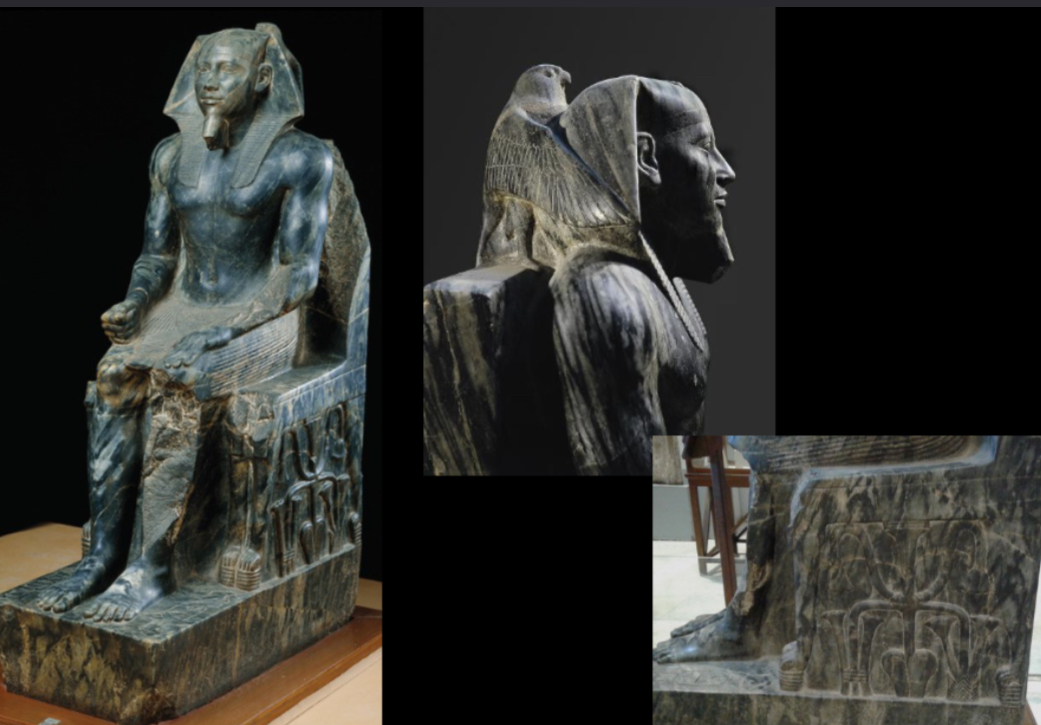 <ul><li><p>From Giza, Egypt</p></li><li><p>Made out of Anorthosite Gneiss (hard, black volcanic stone)</p></li><li><p>ca. 2500 BCE (Old Kingdom)</p></li><li><p>A funerary statue of King Khafre, for his temple for worship and resting place for spirit (ka) after death and spirit to live forever. Carved for his temple as temples served as active sites of worship.</p></li><li><p>Wears a king’s head covering and beard. Horus (Falcon god, represents pharaoh) is embracing pharaoh’s head showing powerful and external. Sitting rigid (type of stone dictates stiffness of pose) and frontally as it was designed to face rituals and symbols of stability and order = pharaoh</p></li></ul>