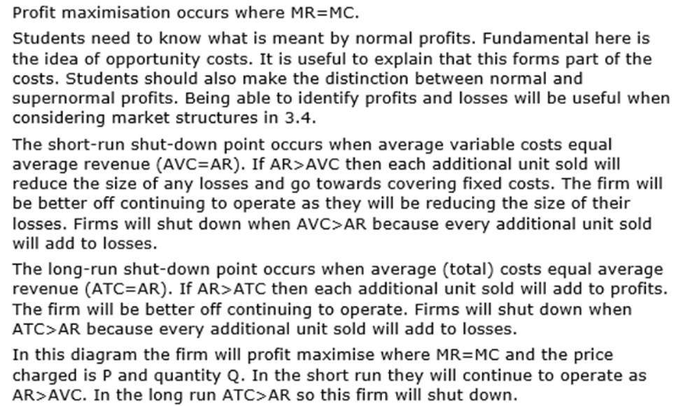 <ul><li><p>Long run shut down condition = ATC > AR</p></li><li><p>Short run shut down condition = AVC > AR</p></li></ul><p></p>