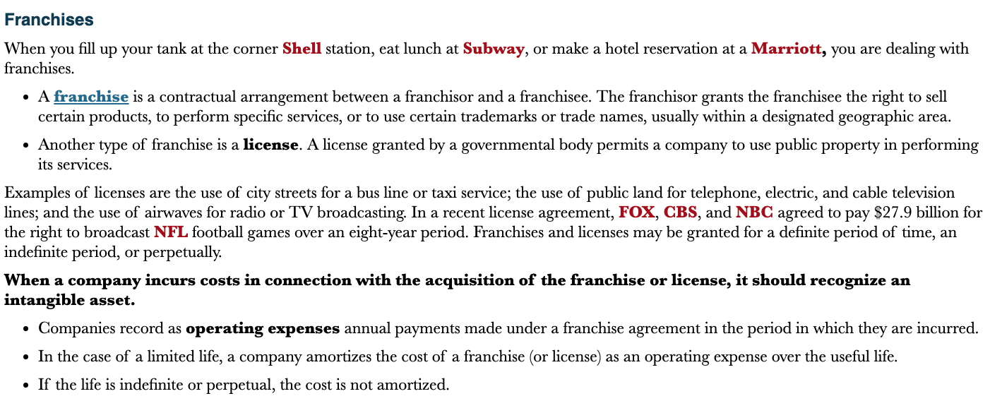 <p>A contractual arrangement between a franchisor and a franchise. The franchisor grants the franchisee the right to sell certain products, to perform certain services, or to use certain trademarks or trade names, usually within a designated geographic area</p>
<p>Another type of franchise is a license. A license granted by a governmental body permits a company to use public property in performing its services</p>
<ul>
<li>License for the use of city streets for a bus line or taxi service</li>
</ul>
<p>Companies record as operating expenses annual payments made under a franchise agreement in the period in which they are incurred</p>
<ul>
<li>In the case of a limited life, a company amortizes the cost of a franchise (or license) as an operating expense over the useful life</li>
</ul>