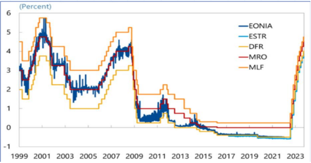 <p><span>Eonia/ €STR rate, and Euribor</span></p><ul><li><p><span><strong>﻿﻿€STR stands for Euro</strong> <strong>Short-Term Rate</strong>.</span></p></li><li><p><span>﻿﻿It is the benchmark overnight interest rate for the euro</span></p></li><li><p><span><strong>everyday basis it reflects the average interest rate at which banks borrow unsecured overnight funds from other institutions</strong></span></p></li><li><p><span>﻿﻿Based on actual one-to-one transactions (~30 billion euros daily), mainly from comm. banks, money market funds, insurance companies, and pension funds.</span></p></li><li><p><span><strong>﻿﻿€STR is just the overnight EURIBOR. But Euribor has a number of of other maturities.</strong></span></p></li></ul><p></p>