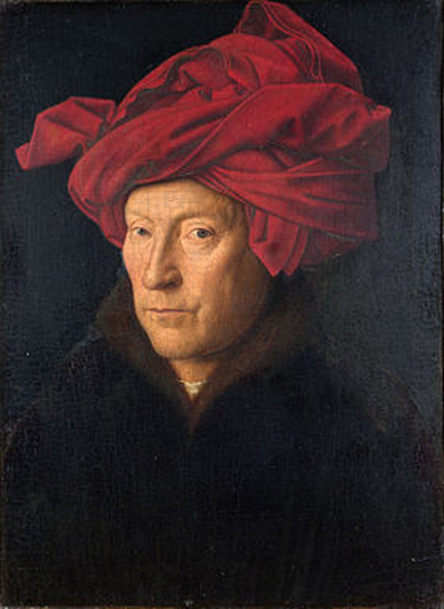 <p>Jan van Eyck, 1433</p><p>-self portrait, frame states "as i can"</p>