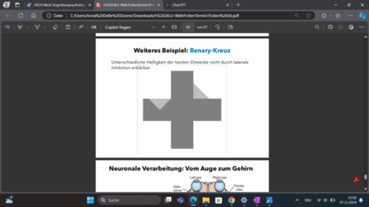 <p>Optische Täuschung. Das Bild zeigt ein Kreuz mit zwei gleichfarbigen grauen Dreiecken, die jedoch unterschiedlich hell erscheinen. Der Effekt basiert auf der räumlichen Anordnung und der Zugehörigkeit zu den umgebenden Formen, was die Helligkeitswahrnehmung beeinflusst.</p>