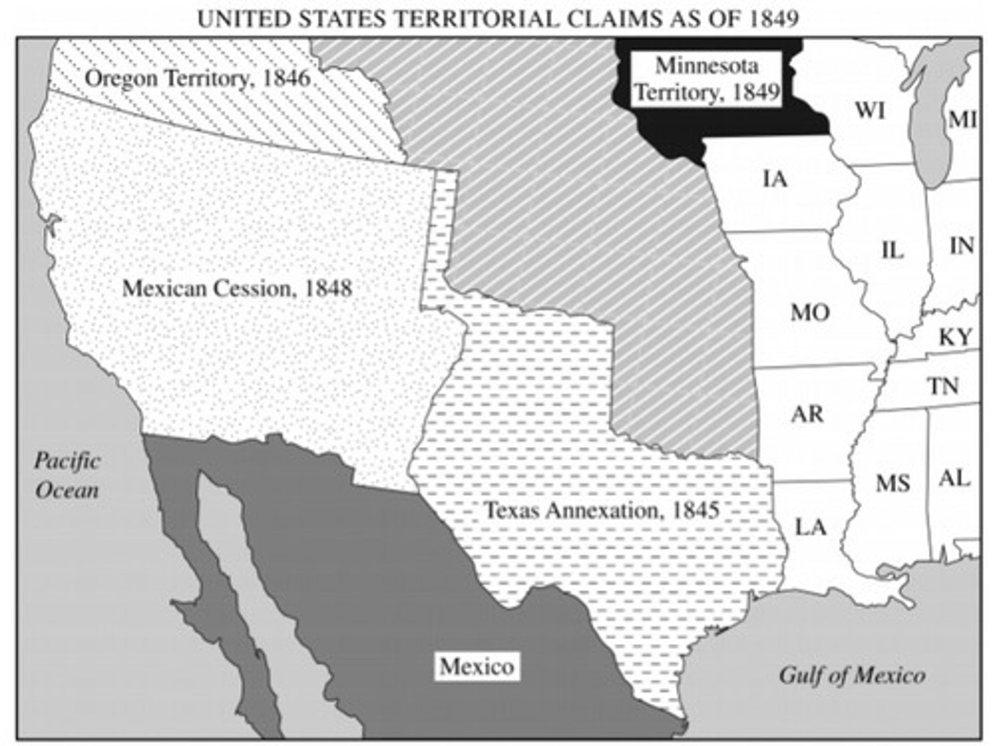 <p>The territorial changes shown in the southwestern region of the map most directly resulted from</p><p>A. treaties made with American Indian nations</p><p>B. The purchase of land from France and Spain</p><p>C. The Spanish-American War</p><p>D. The Mexican-American War</p>
