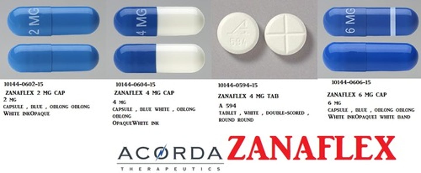<p>Tizanidine</p><p>Muscle relaxant</p><p>Muscle spasticity</p>