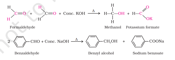 <ul><li><p>Aldehydes that do not have α-H atoms undergo self oxidation and reduction disproportionately on heating with conc. alkali</p></li><li><p>One molecule reduces to alcohol, other oxidizes as salt of carboxylic acid</p></li></ul>