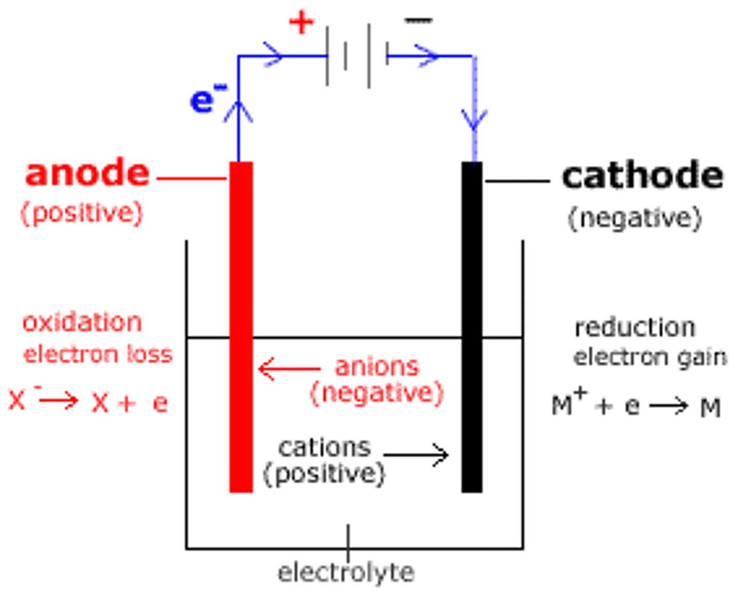 <p>opposite of galvanic cell</p><p>recharging battery using external energy source reverses flow of electrons</p><p>electrons still going from anode to cathode, but are being forced to cathode is negative and anode is positive</p><p>increasing current will increase rate of electroplating</p><p>drives nonspontaneous reaction, negative Ecell</p>