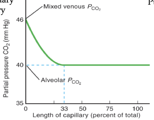 <ul><li><p>We start with high CO2 and offload it so it decreases</p></li><li><p>CO2 diffuses from blood to alveoli</p></li><li><p>P1 in pulmonary capillary is higher than P2 in alveoli drives flow</p></li></ul>