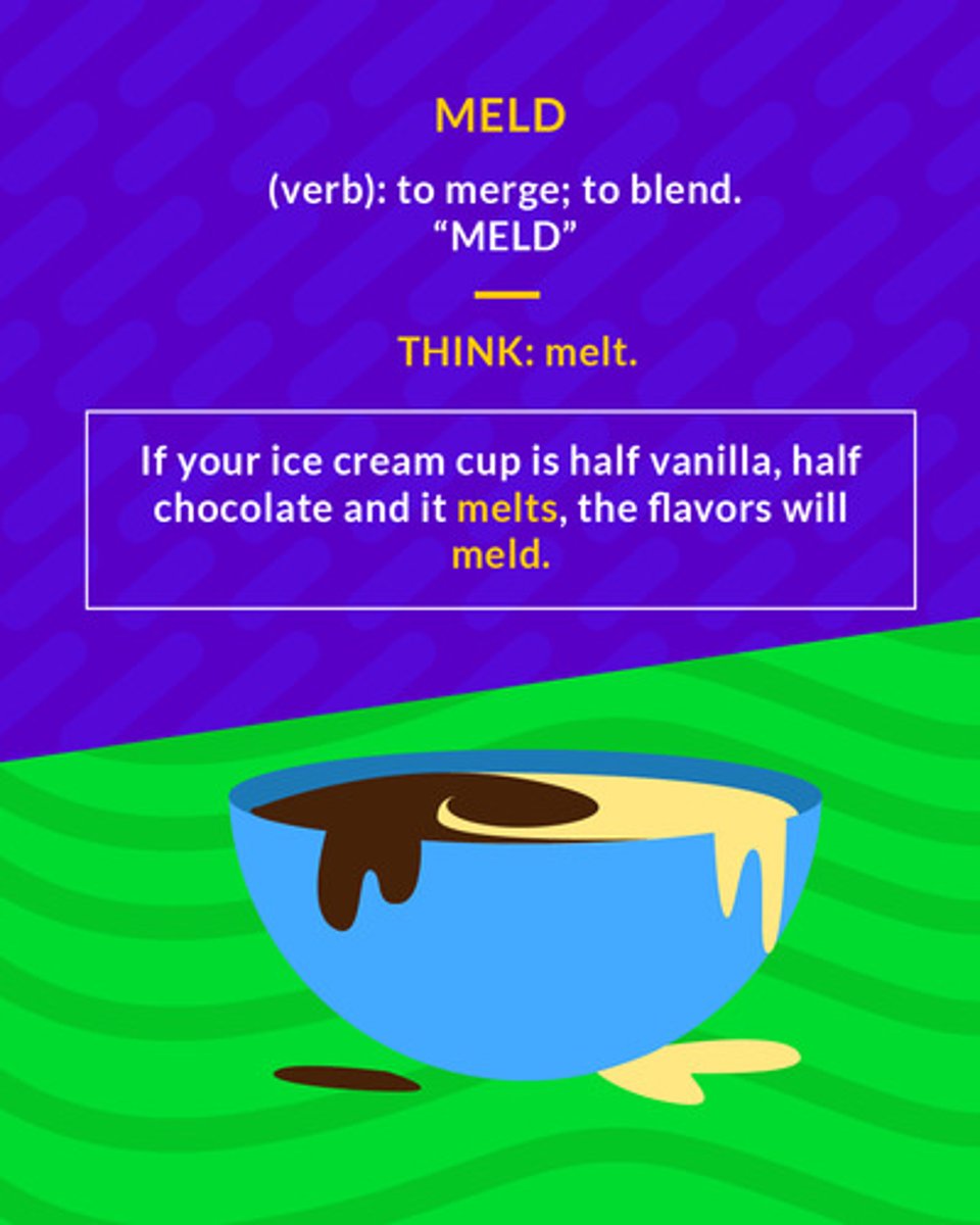 <p>blend, combine</p><p>(verb) to merge; to blend</p>