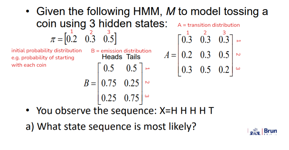 <p>what is the probability of the observation sequence AND the most likely hidden sequence</p><ul><li><p>H = 2, 2, 2, 2, 3</p></li><li><p>X = H, H, H, H, T</p></li></ul><p></p>