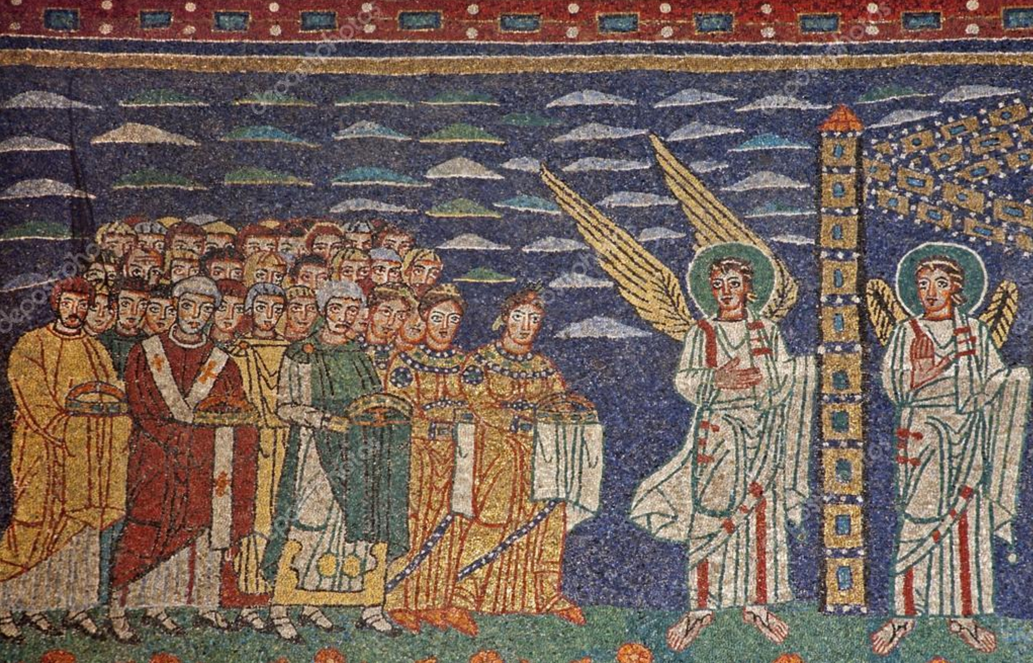 <p><strong>44. *Rome, Santa Prassede: mosaic of the triumphal arch, 820: detail depicting&nbsp; martyrs entering the heavenly Jerusalem; commissioned by Pope Paschal I</strong></p>