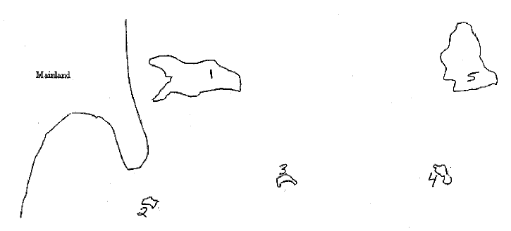 In the diagram above, which of the islands would probably be more susceptible to an extinction of one of its terrestrial species?



a. 4
b. 2
c. 5
d. 3
e. 1