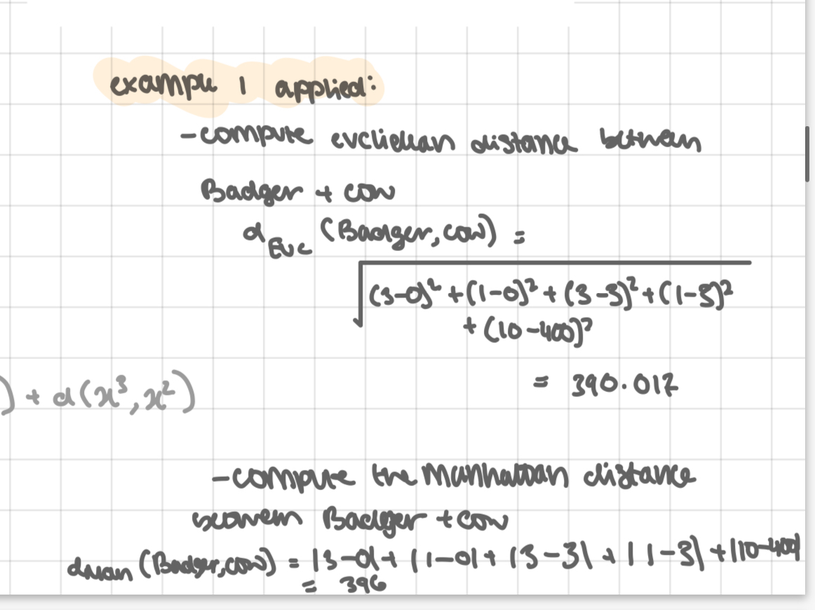 <ol><li><p>continuous valued features: for 2 continuous valued features x<sup>(1)</sup> = (x<sup>(1)</sup>, …, x<sup>(1)</sup><sub>m</sub>) and x<sup>(2)</sup> = (x<sup>(2)</sup>, …, x<sup>(2)</sup><sub>m</sub>), the proximity index can be any of the following distances</p><ul><li><p>euclidean distance</p></li><li><p>Manhattan distance</p></li><li><p>chebychev distance</p></li></ul></li></ol><p></p><p>example 1 applied: see pic</p>