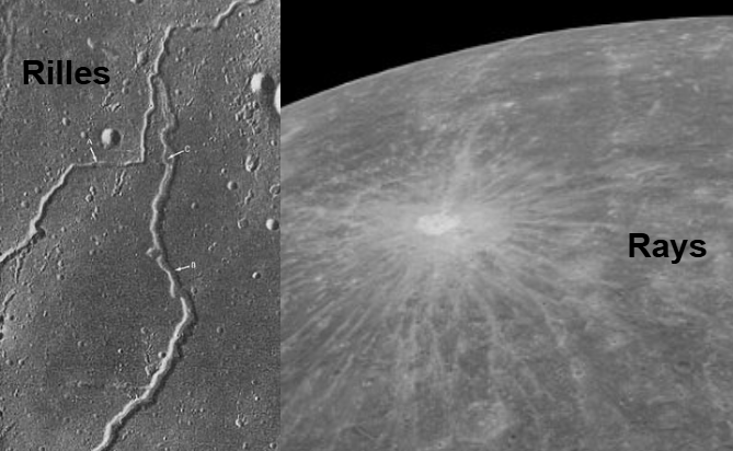 <p>Rilles are lunar canyons, most likely caused by lava flows or crustal cracking</p><p>Rays are long, light streaks of pulverized & melted rock that radiate outward</p>