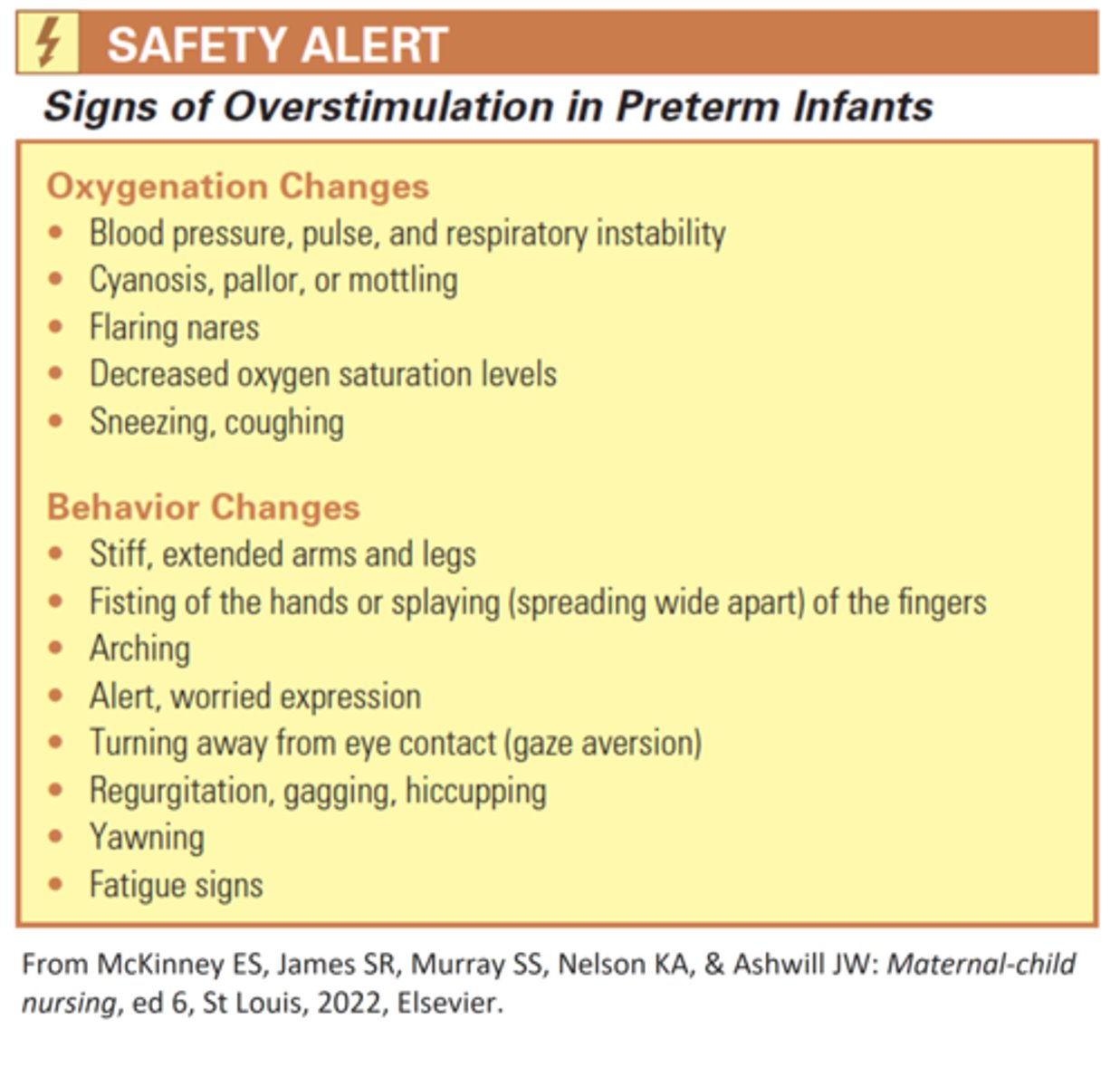 <p>b. Provide a period of rest</p><p>Arching and yawning are signs of overstimulation. Pg 630- 632</p>