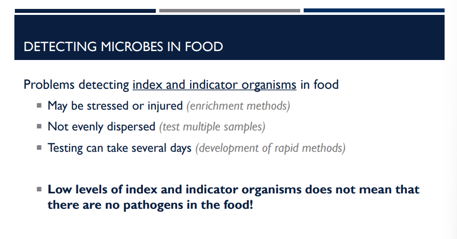 <p>What are the problems associated with detecting index and indicator organisms in food?</p>