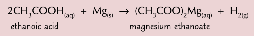 <p>carboxylic acids react with them in a redox reaction forming salt and hydrogen gas</p>