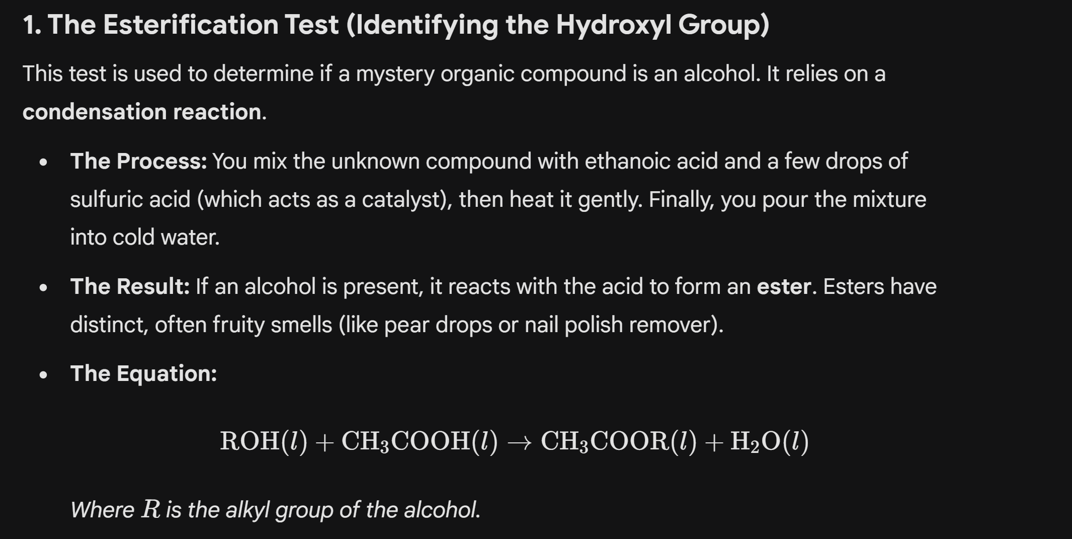 <p>Is mixed with a carboxylic acid + sulfuric acid (as a catlyst)</p><p>If an ester is formed - then there is hydroxyl group</p><p></p>