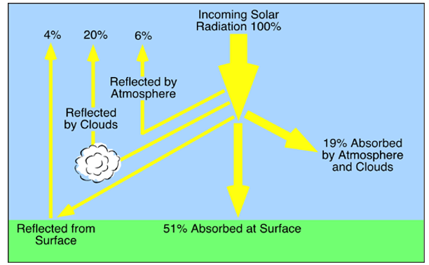 <ul><li><p>It heats Earth’s surface, melts ice and snow, evaporates water, creates wind and currents, and fuels photosynthesis</p></li></ul><p></p>
