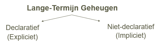 <p>1) <strong>Declaratief geheugen</strong></p><ul><li><p>expliciet</p></li><li><p>alle herinneringen die bewust opgeroepen &amp; geverbaliseerd kunnen worden</p></li><li><p>weten <strong>wat</strong> er is gebeurd</p></li><li><p><em>vb. weten wat je hebt ontbeten, wanneer je hebt gedoucht</em></p></li></ul><p>2) <strong>Niet-declaratief geheugen</strong></p><ul><li><p>impliciet</p></li><li><p>alle herinneringen die moeilijk geverbaliseerd kunnen worden</p></li><li><p>weten <strong>hoe</strong> iets gedaan moet worden</p></li><li><p><em>vb. hoe speel je piano</em></p></li></ul><p></p>