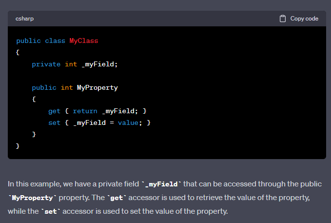 A property is a special member of a class that provides a way to read or write a private variable, with some extra features like encapsulation and validation. Properties in C# are typically defined using a combination of a private field and public getter