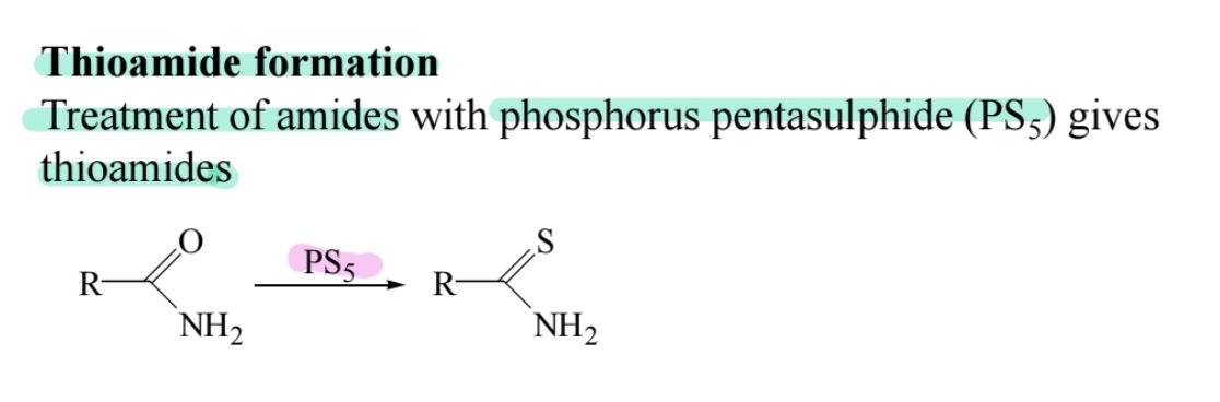 <p><span>Amides react with (P2S5) to form thioamides (-C=S).</span></p>