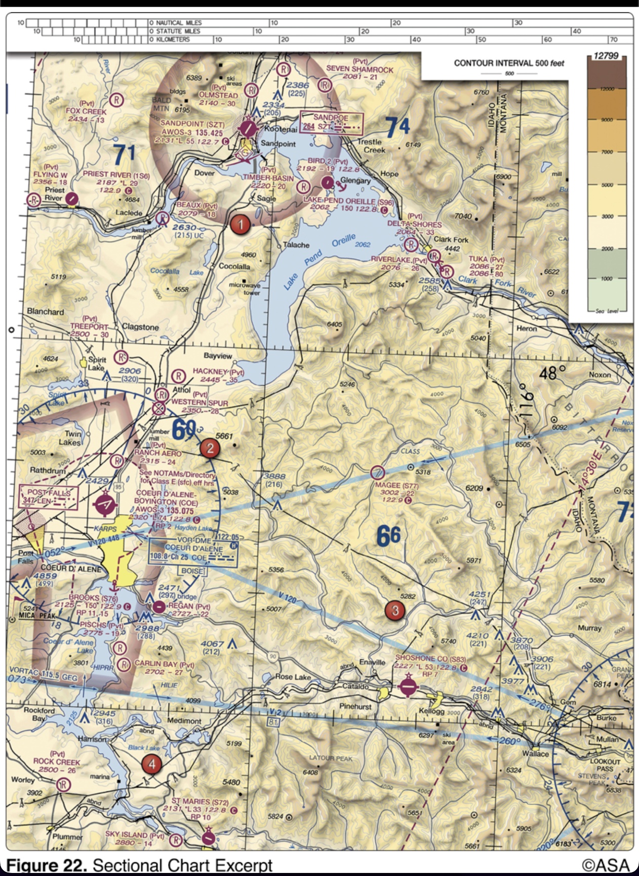 <p>(Refer to Figure 22, area 2; and Figure 31.) What is the correct UNICOM frequency to be used at Coeur D'Alene to request fuel?</p>