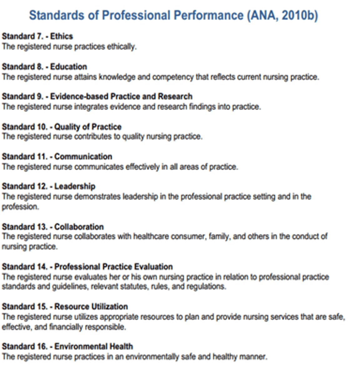 <p>Ethics</p><p>Education</p><p>Evidence-Based Practice</p><p>Quality of Practice</p><p>Communication</p><p>Leadership</p><p>Collaboration</p><p>Professional Practice</p><p>Resources</p><p>Environmental Health</p>