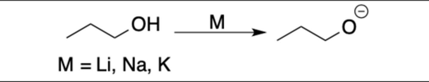<p>Intermediate: none</p><p>Regiochemistry: N/A</p><p>Stereoselectivity: N/A</p><p>Reagent(s): M = Li, Na, K</p><p>- Turns OH into O^-</p>
